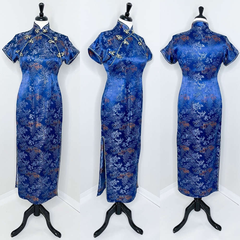 Vintage Peking Traditional Chinese Cheongsam Blue Brocade Maxi Dress 38 S/M